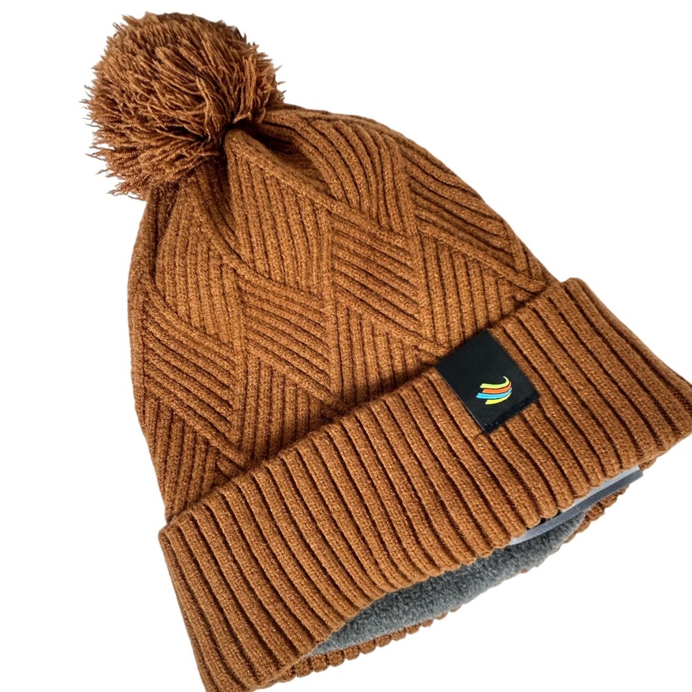Cap America Premium Cognac Rust Brown Chevron Knit Fleece Lined Pom Beanie i8554